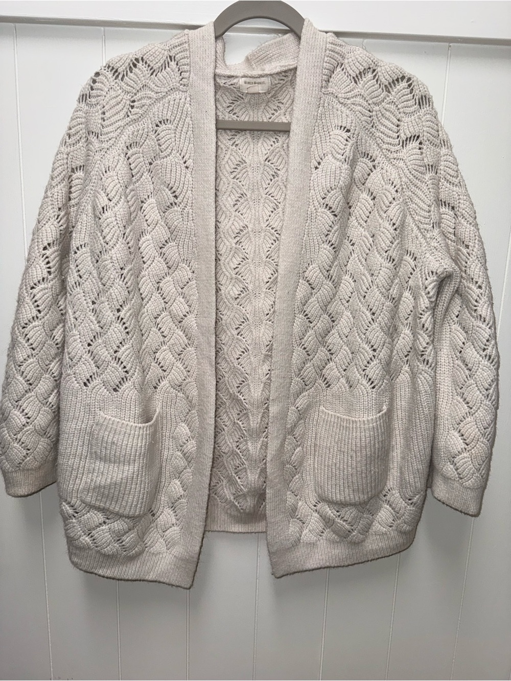 World Market Cream Open Knit Cardigan One Size Boho Crochet Cable Knit Sweater